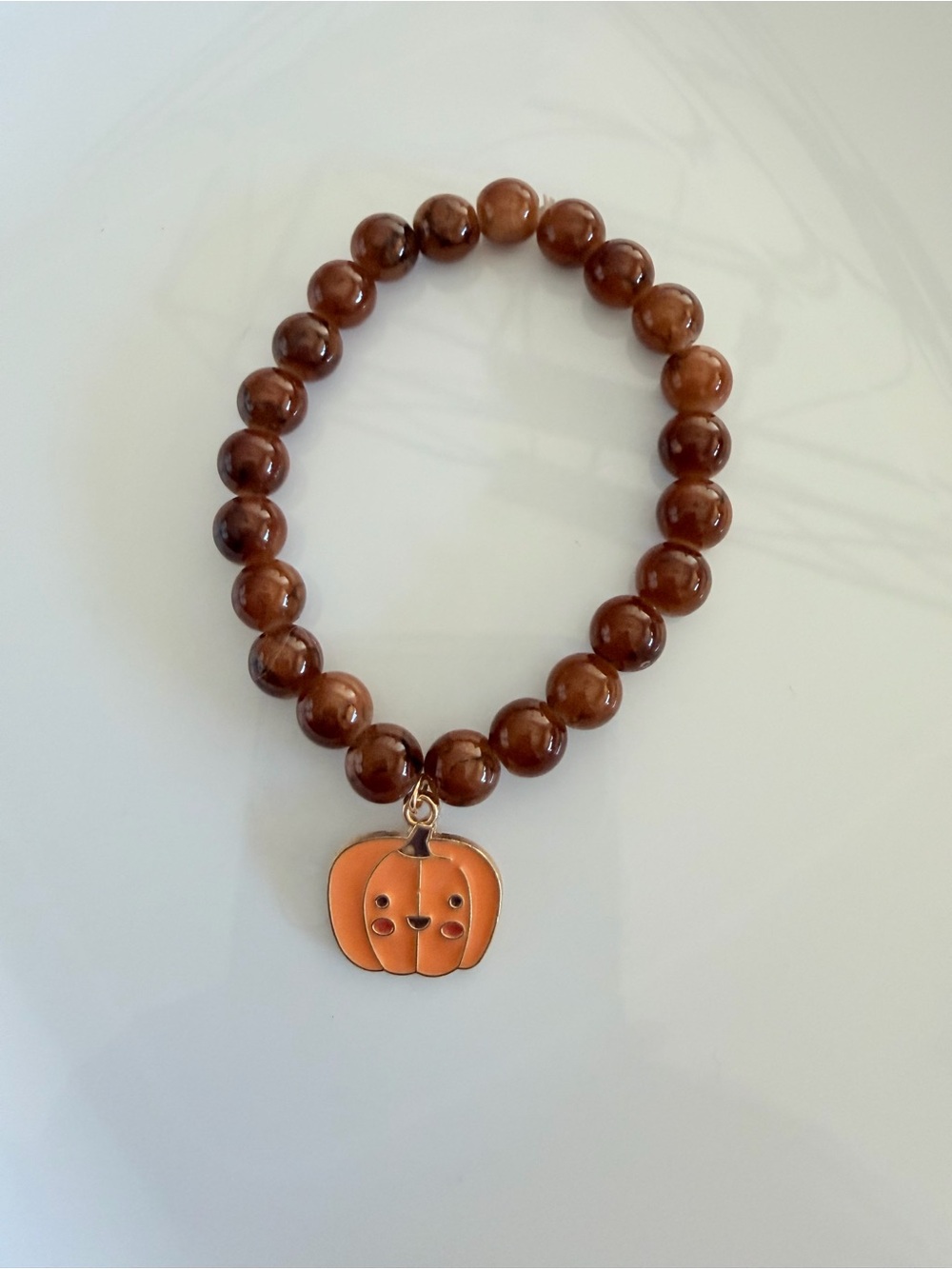Kawaii Orange Pumpkin Charm Brown Beaded Stretch Bracelet Fall Jewelry
